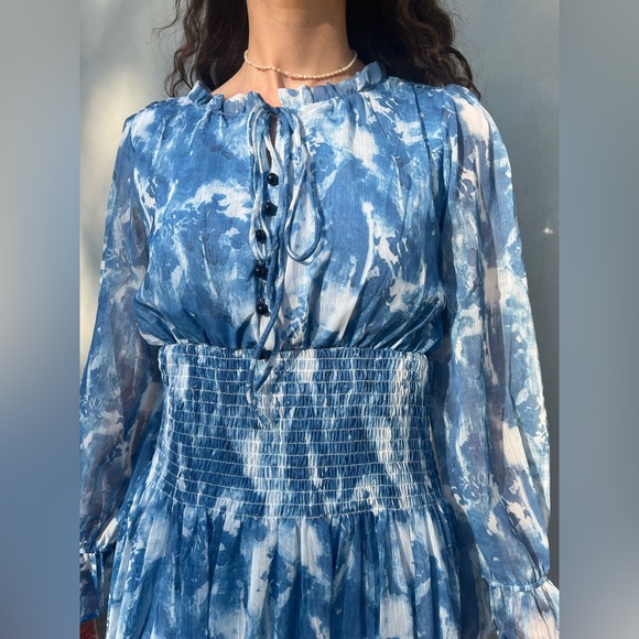Blue Tie-Dye Midi Dress Women’s Long Sleeve Smocked Waist Dress - Picture 4 of 5